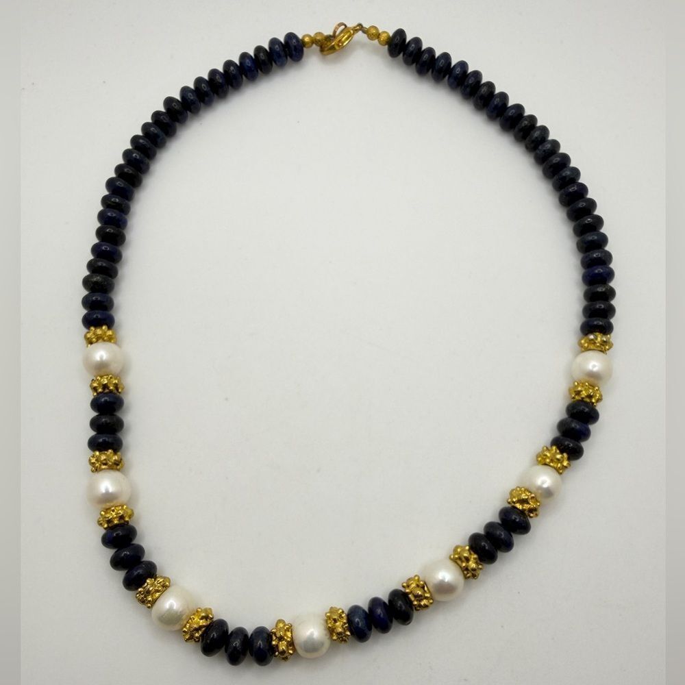 19" rondelle beaded lapis lazuli, genuine pearls w/ gold‎ tone accent necklace!